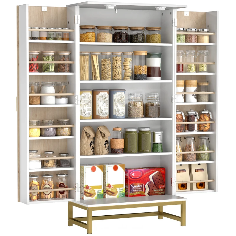 HOMCOM 119.5 cm Kitchen Cupboard, Freestanding Kitchen Cabinet with Double Doors, 5 Tiers, 12 Spice Racks, White
