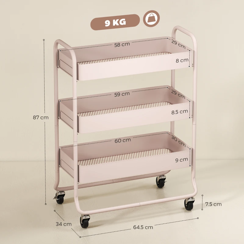 HOMCOM 3-Tier Storage Trolley on Wheels, Rolling Utility Cart with Mesh Backets for Kitchen, Bathroom, Bedroom, Light Pink