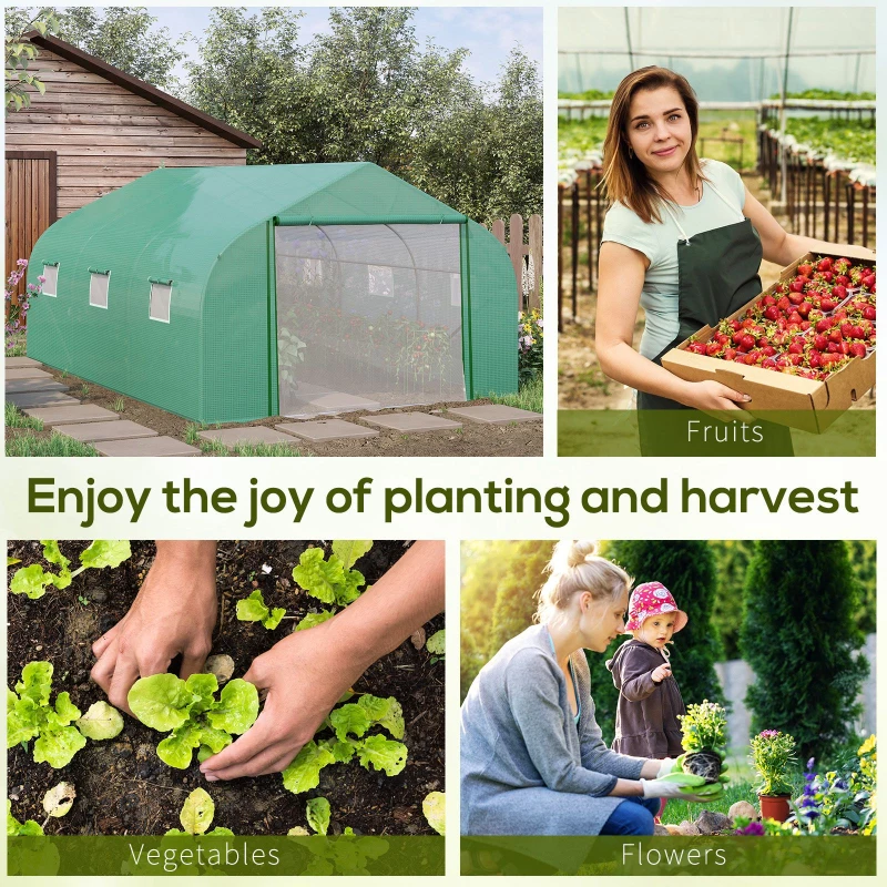 Outsunny Walk-in Polytunnel Garden Greenhouse - Outdoor Mesh Door Greenhouse with PE Cover and 6 Windows, 4.5 x 3 x 2m, Green