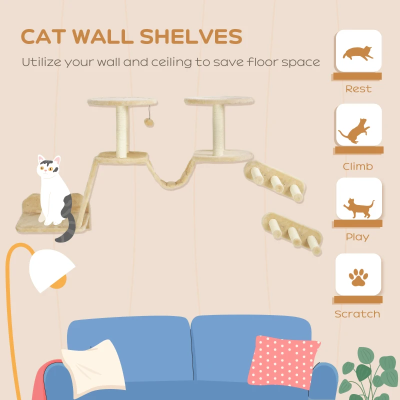 PawHut Cat Wall Shelves, 3PCs Cat Wall Funiture with Scratching Post, Perches, Ladder, Steps, Scratching Board, Ceiling Wall Mounted Cat Shelves for Indoor Cats, Kitten, Beige