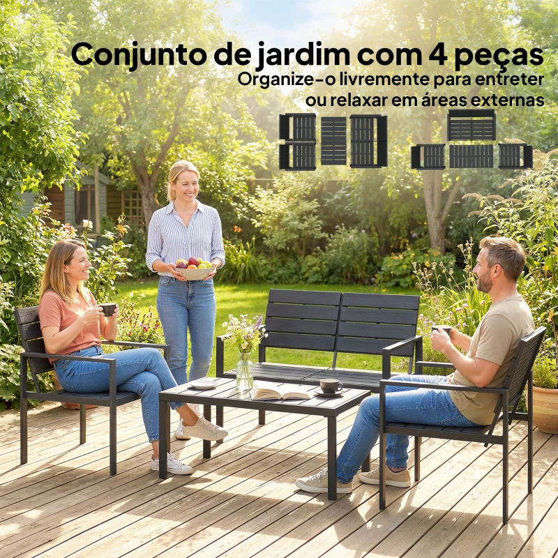 Outsunny Conjunto de Móveis de Jardim para 4 Pessoas - Sofá de 2 Lugares, 2 Cadeiras e Mesa de Centro - Preto