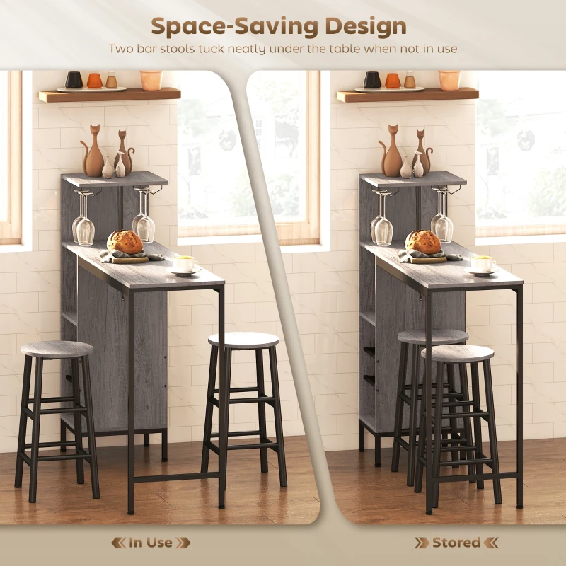 HOMCOM 3 Pieces Dining Room Set, 2 Round Stools with Footrest, 6-Tier Dining Table with Storage Shelves, Natural