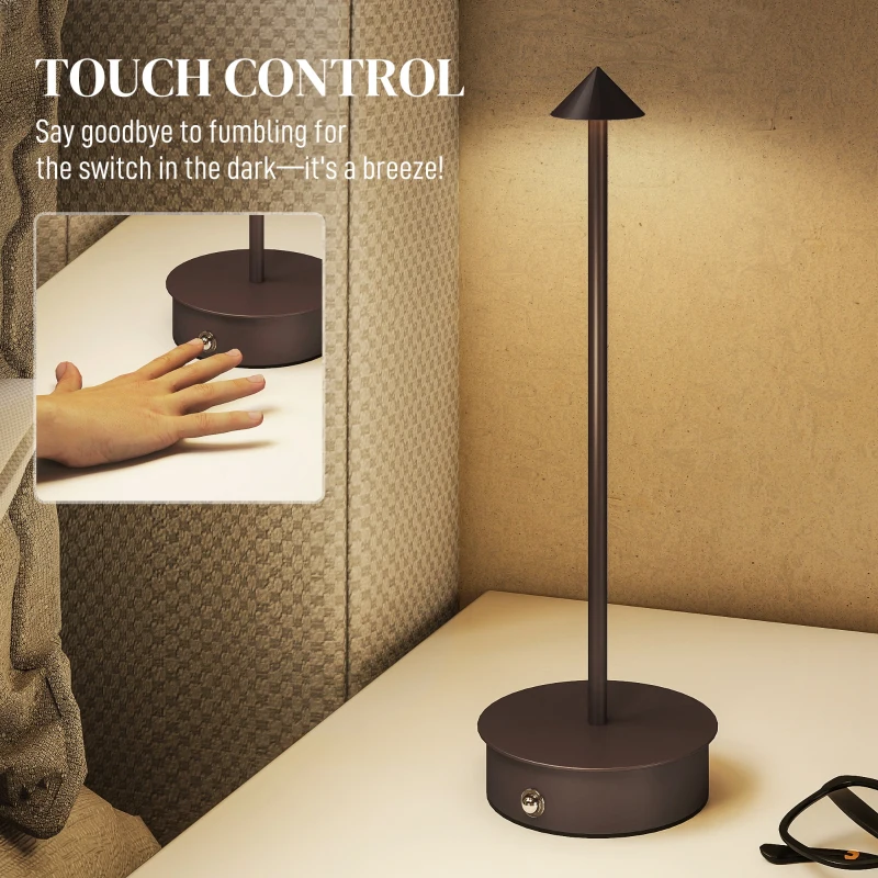 HOMCOM Lampă de Masă Touch Reîncărcabilă cu USB, Reglabilă 3000K/4500K/6000K, Autonomie 4-8 Ore, Cafeniu
