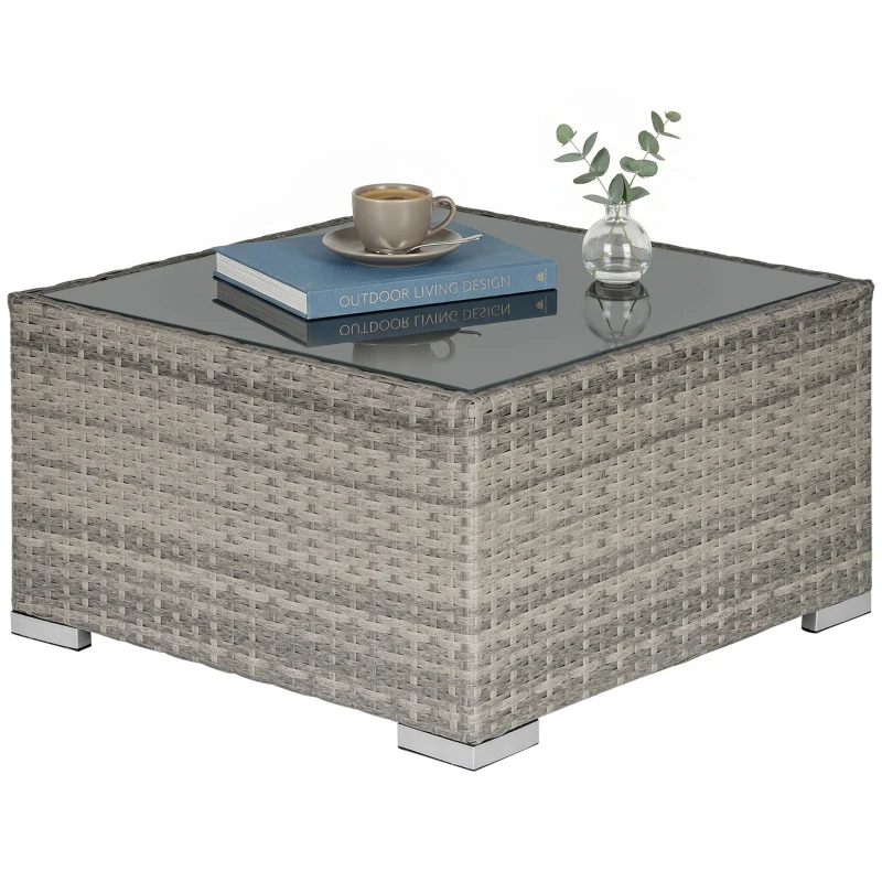 Outsunny Square PE Wicker Rattan Table, with Glass Top - Light Grey