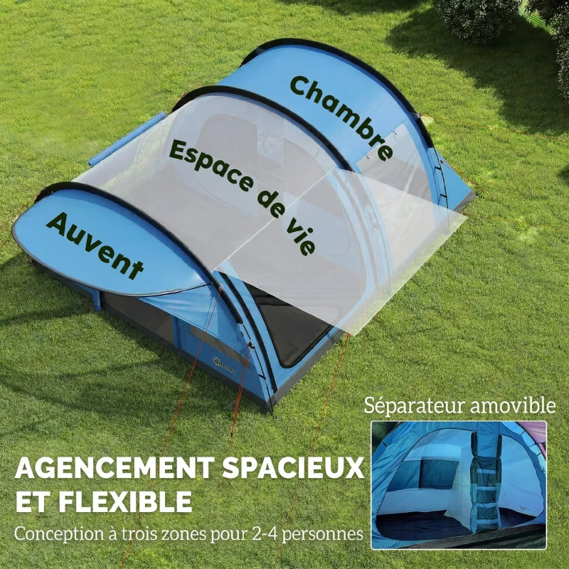 Outsunny Grande Tente Tunnel Camping 4 Personnes 3-4 Saisons Hauteur d'Homme 2 m Séjour XL 3,7 m Imperméable 3000mm Bleu