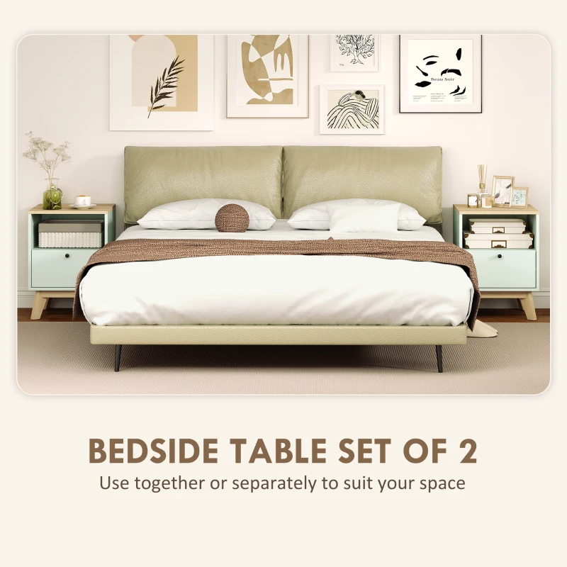 HOMCOM Modern Nightstand Set of 2, Bedside Table with Drawer and Open Shelf, Side End Table for Bedroom, Light Green