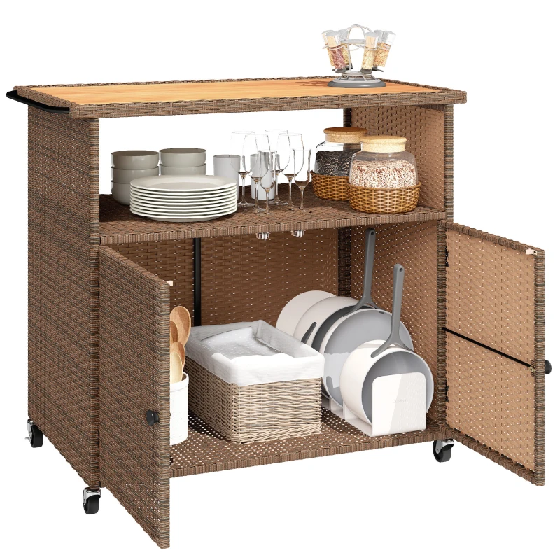Outsunny Chariot de service en rotin avec surface de travail en bois d'eucalyptus certifié FSC, étagère, roulettes, poignée latérale 95 x 54 x 84 cm