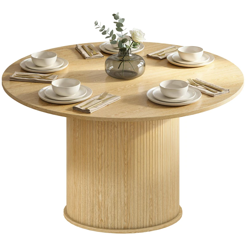 HOMCOM Mesa de comedor redonda para 5 personas, Ø 120 x 76 cm, mesa de cocina con base cilíndrica acanalada, madera natural