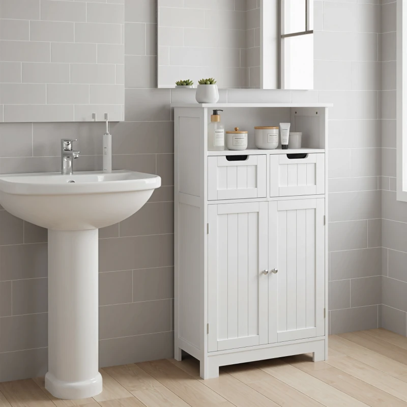 kleankin Bathroom Cabinet, Free Standing Bathroom Storage Cabinet with 2 Drawers and Adjustable Shelf, Small Bathroom Storage Unit, White