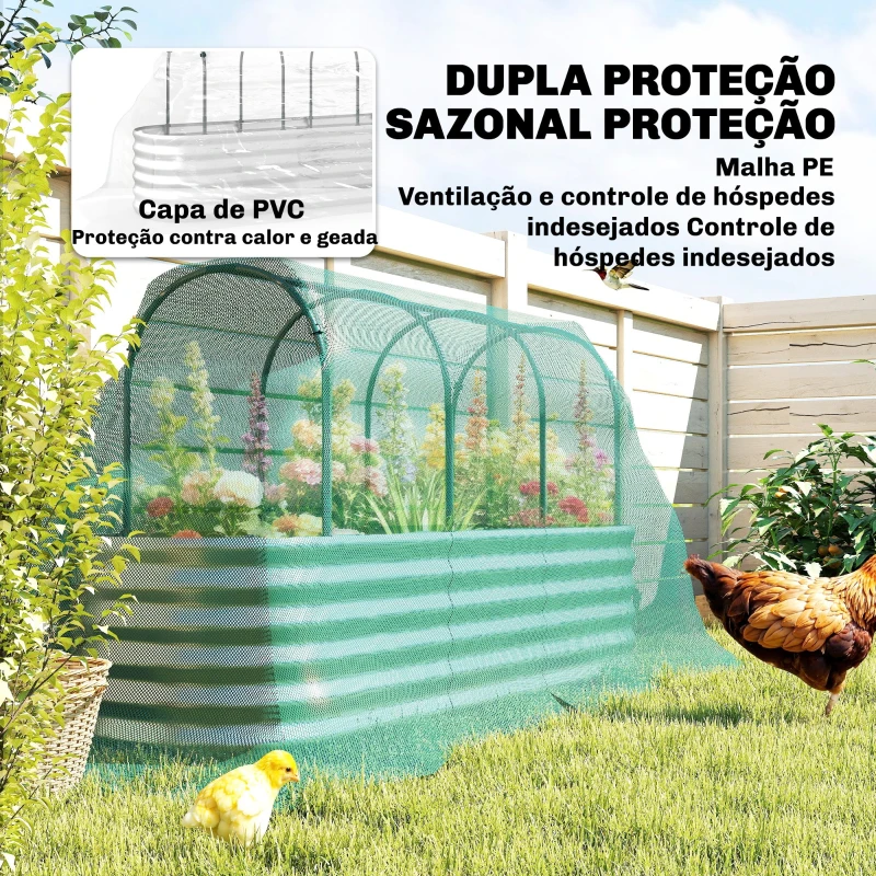Outsunny Caixa de Plantio Grande com Cobertura de Estufa e Rede Fundo Aberto para Jardim Terraço 200x60x103 cm Prateado