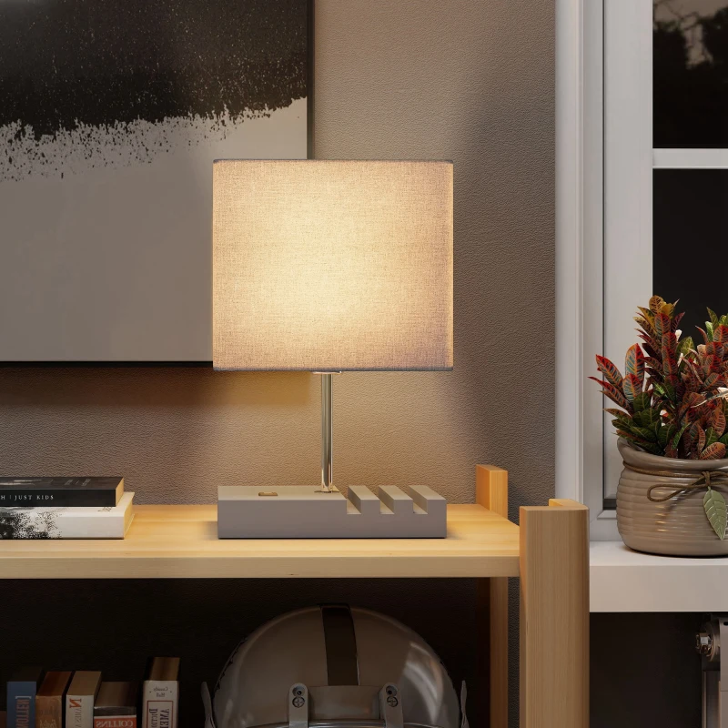 HOMCOM Bedside Lamp with USB A+C Charging Ports and 3 Phone Stands, Modern Table Lamp with Solid Wood Base and Fabric Shade for Bedroom Living Room Office, E27 Socket, Bulb Not Included, Grey