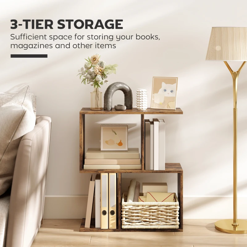 HOMCOM Side Table, Narrow End Table with Storage Shelves, S-Shaped, 3-Tier, 50W x 19.5D x 58H cm, Rustic Brown