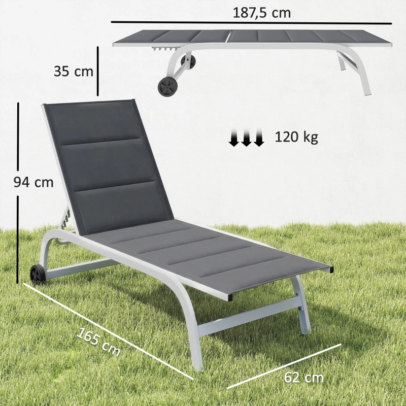 Outsunny Tumbona para Jardín con Ruedas, en Texteline con Armazón de Aluminio, Gris Oscuro y Blanco