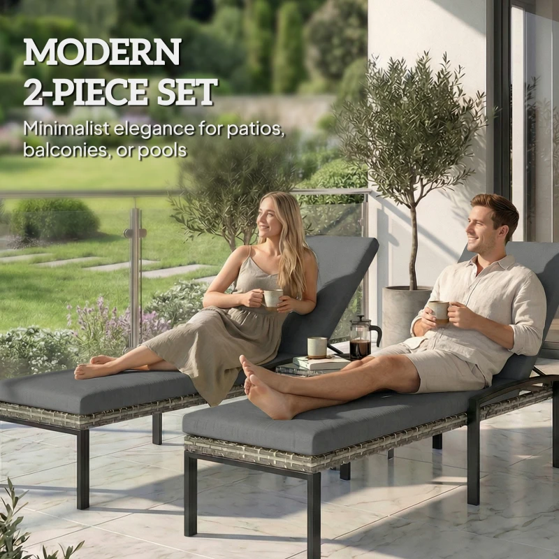 Outsunny Zestaw 2 rattanowych leżaków ogrodowych z 5-stopniowym regulowanym oparciem, do 120 kg, jasnoszary