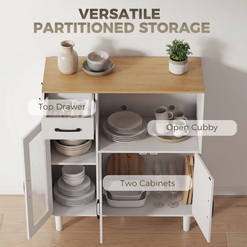 HOMCOM Dressoir Keukenkast met Lade, 2 Kasten, Open Vak, Geribbelde Acrylglasdeur 80 x 34 x 91 cm Wit+Eiken