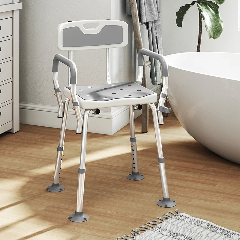 HOMCOM Tabouret de douche chaise de douche ergonomique hauteur réglable pieds antidérapants 56,5 x 53,5 x 87 cm blanc et gris