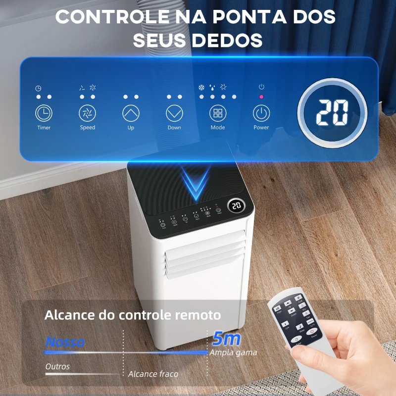 HOMCOM Ar Condicionado Portátil 7000 BTU 4 em 1 Arrefecimento Desumidificador Ventoinha Temporizador para 26 m² Branco