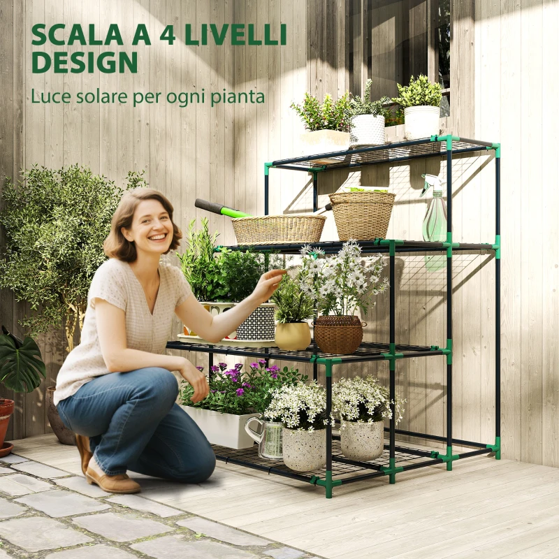 Outsunny Scaffale Porta Piante a 4 Livelli in Acciaio, 94x84x110 cm, Verde Scuro