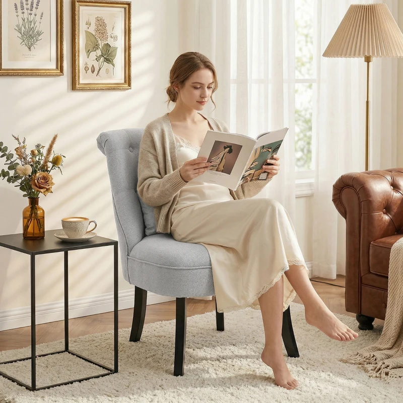 HOMCOM Fabric Single Sofa Dining Chair Tub Chair Upholstered W/ Pillow Solid Wood Leg Home Living Room Furniture Grey