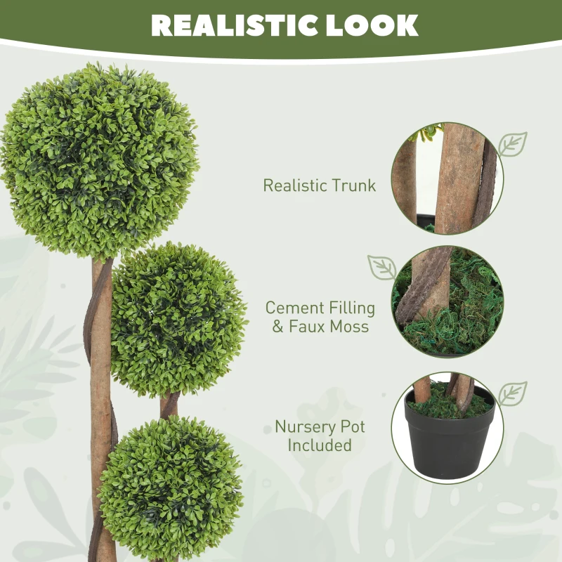 HOMCOM Decorative Artificial Trees Boxwood Ball Topiary Trees Set of 2 in Pot, Fake Plants for Home Indoor Outdoor Decor