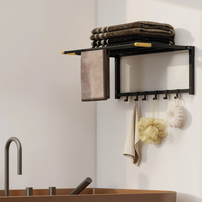 HOMCOM Toalheiro de Parede Dobrável com 5 Barras e 6 Ganchos Suporte para Toalhas para Casa de Banho Dobrável e Compacto 60x32,5x20 cm Preto