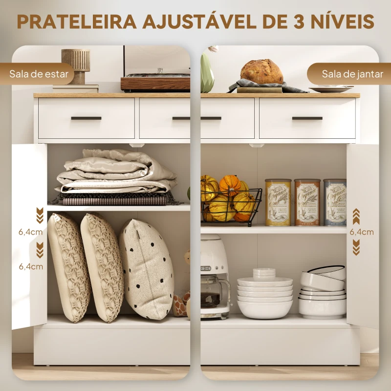HOMCOM Aparador de Sala de Estar com 2 Gavetas e Prateleiras Ajustáveis 68,6x35x90,3 cm Branco e Madeira