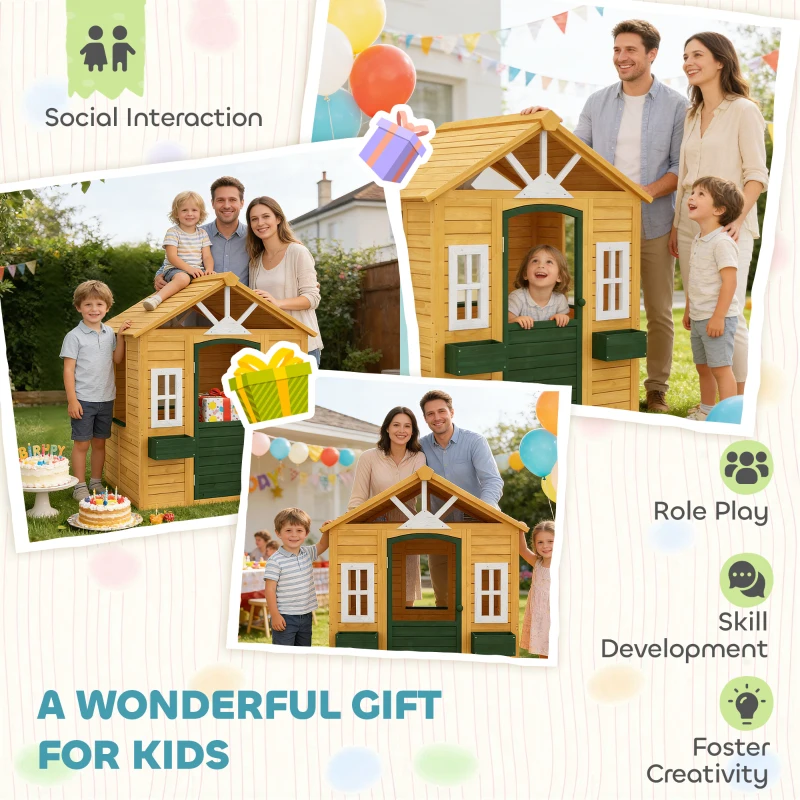 AIYAPLAY Outdoor Kids Playhouse, Wooden Wendy House with Door, 3 Windows, 2 Flower Boxes for Garden, Indoor Playroom
