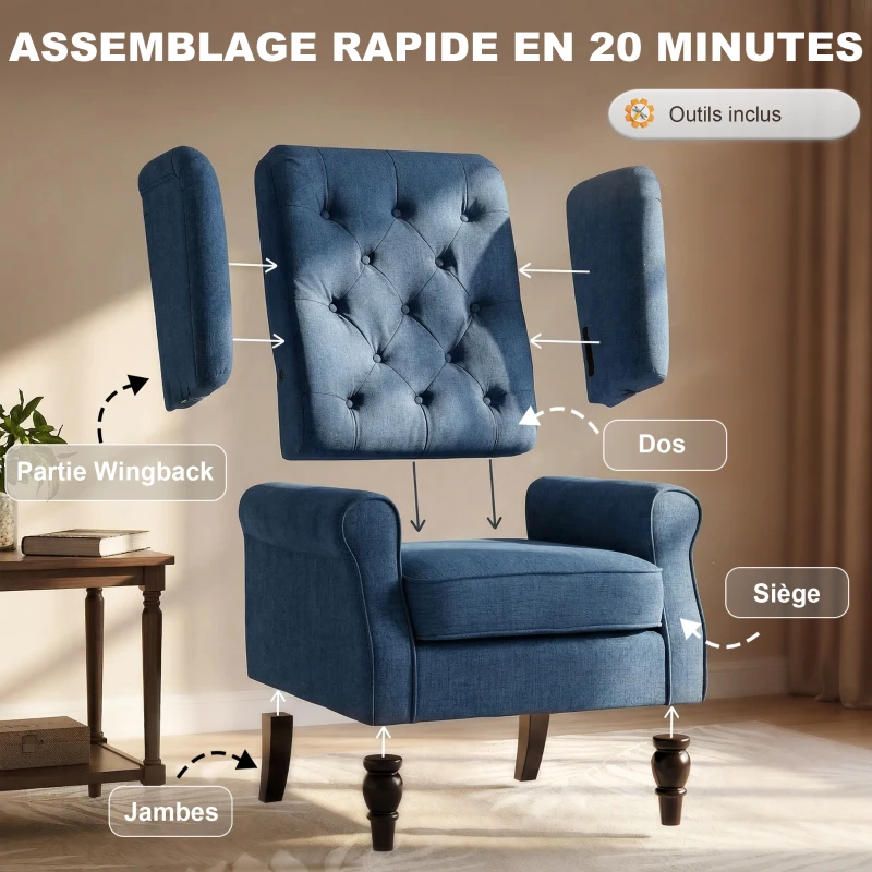 HOMCOM Fauteuil de Salon, Fauteuil Capitonné avec Pieds en Bois, Assise Large, Grand Confort, Classique, 74x86x102cm, Bleu(m-7)