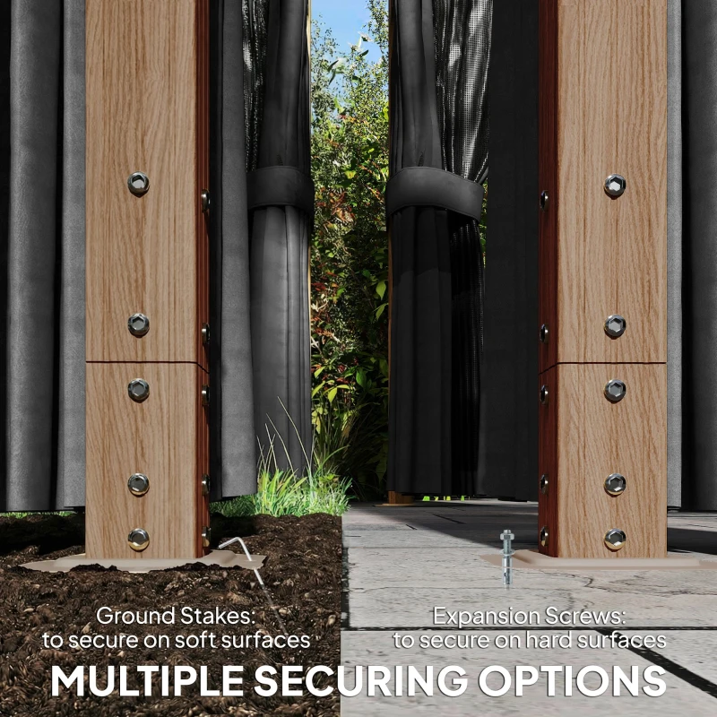 Outsunny Pawilon ogrodowy 4x3m aluminiowy z dachem z poliwęglanu 6 mm, moskitiera, 4 zasłony, imitacja drewna, naturalne drewno