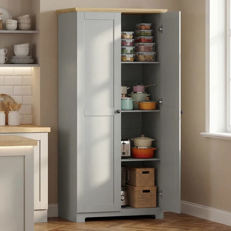 HOMCOM Kitchen Cupboard, 172cm Freestanding Storage Cabinet with Doors and Shelves, Grey