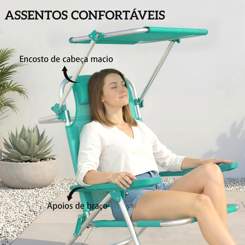 Outsunny Conjunto de 2 Cadeiras de Praia Dobráveis com Toldo Ajustável Encosto Reclinável em 6 Posições Apoio de Cabeça Turquesa