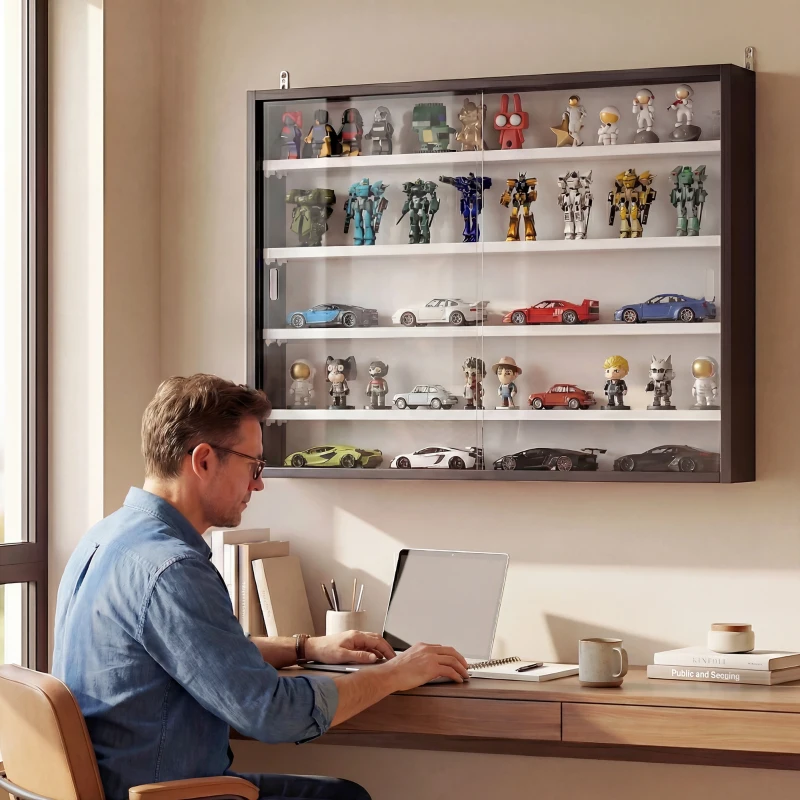 HOMCOM Vitrine murale pour objets de collection 4 étagère réglables en hauteur et 2 portes coulissantes 80 x 9,5 x 60 cm noir