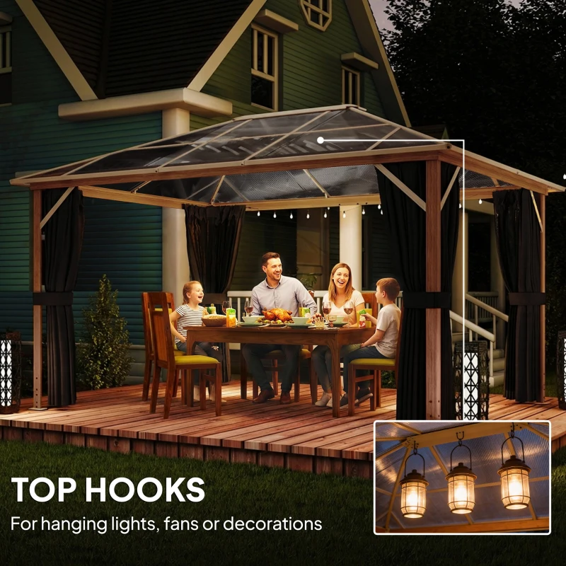 Outsunny Pawilon ogrodowy 4x3m aluminiowy z dachem z poliwęglanu 6 mm, moskitiera, 4 zasłony, imitacja drewna, naturalne drewno