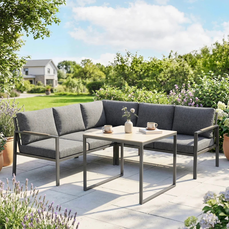 Outsunny Set Mobilier de Grădină Exterior 3 Piese 5 Persoane, 2 Canapele cu Perne Groase, 1 Masă de Cafea, 183x183x72cm, Gri Închis