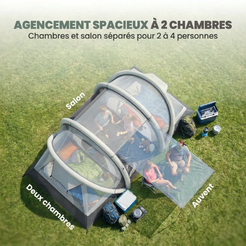 Outsunny Tente Gonflable Camping 2-4 Personnes avec Pompe 2 Chambres et Séjour Imperméable 3000mm 485x245x188cm Gris
