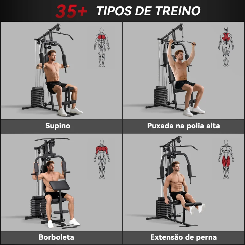 HOMCOM Máquina de Musculação com Pesos Ajustáveis de 45 kg, Press de Peito e Pernas, Polia, 135x103x200 cm, Preto