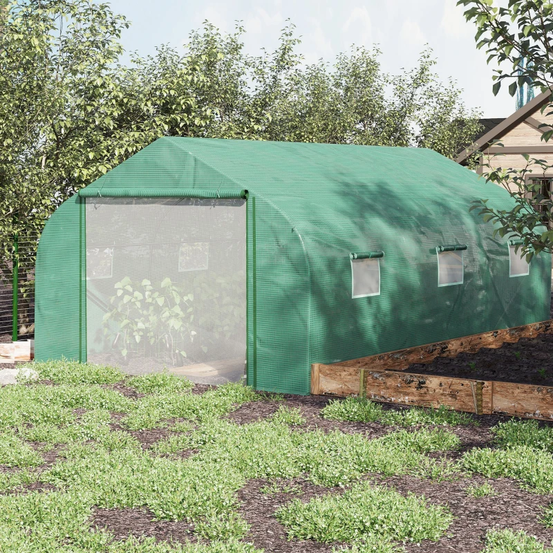 Outsunny Walk-in Polytunnel Garden Greenhouse - Outdoor Mesh Door Greenhouse with PE Cover and 6 Windows, 4.5 x 3 x 2m, Green