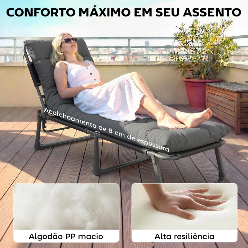 Outsunny Conjunto de 2 Almofadas para Espreguiçadeiras 180x55 cm Almofadas para Cadeiras de Jardim Espessas UPF30+ com 4 Tiras Cinza Escuro