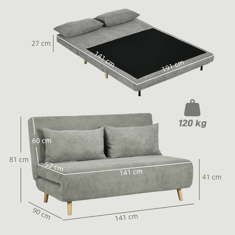 HOMCOM Canapea Extensibilă Dublă cu Spătar Reglabil și 2 Perne, din Material Textil cu Aspect de In Gri(m-3)