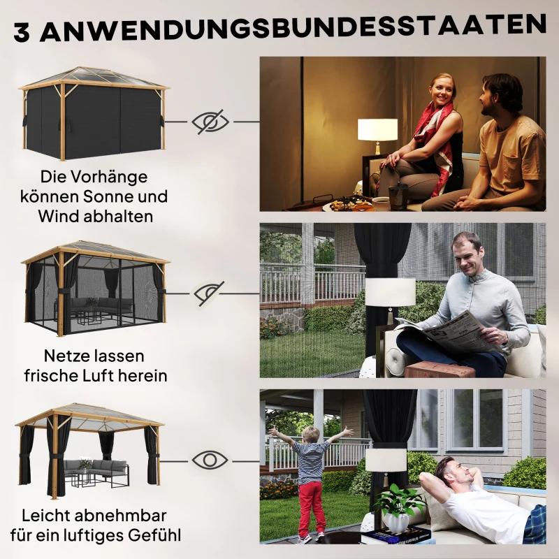 Outsunny Gartenpavillon ca. 4x3m Aluminium Pavillon mit Polycarbonat-Dach 6 mm Moskitonetz 4 Seitenteile Holzoptik Naturholz