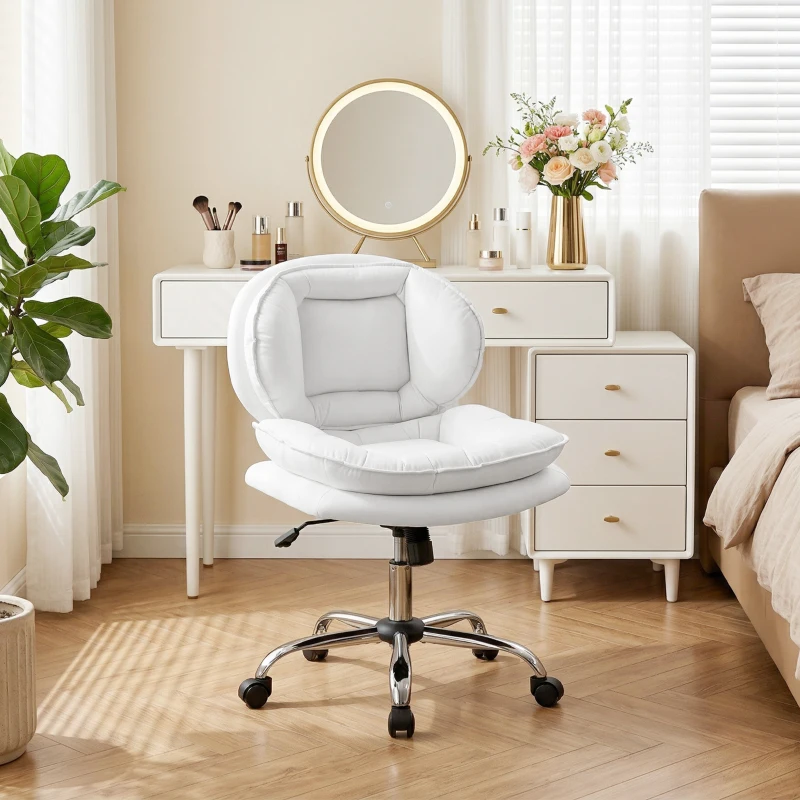 HOMCOM Silla de Oficina Piernas Cruzadas con Asiento Ancho Ruedas Altura Ajustable Doble Acolchado Función Basculante Blanco