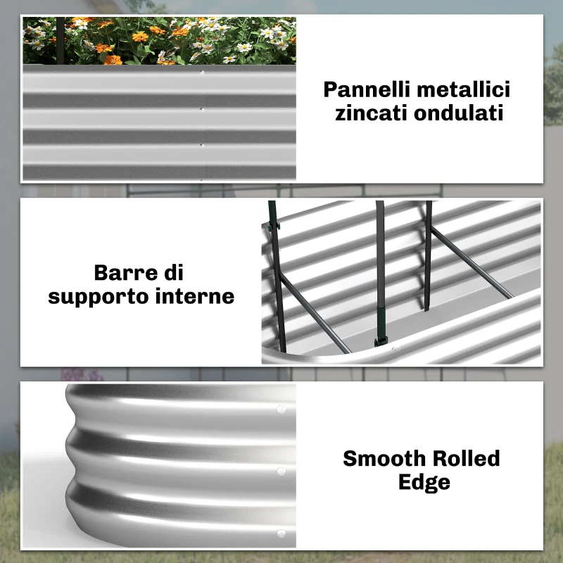 Outsunny Orto Rialzato da Esterno con Griglia per Rampicanti e Fondo Aperto, in Acciaio, 200x60x103 cm, Argento