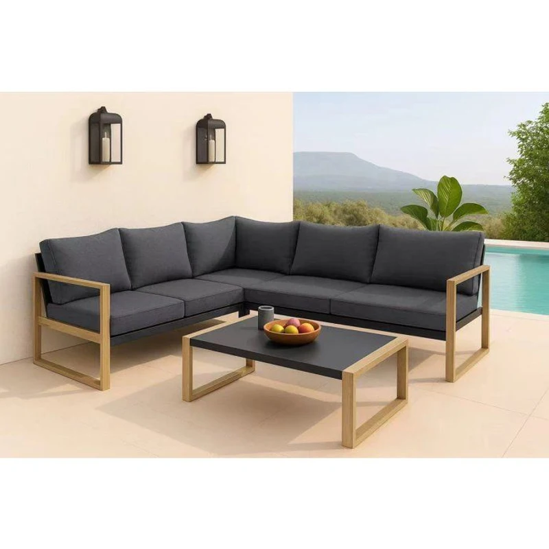 Salon de jardin d'angle - Aluminium effet bois - PUERTOCOR - 5 personnes + table basse