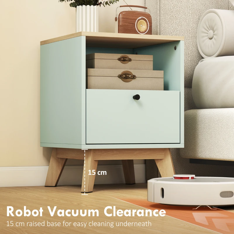 HOMCOM Modern Nightstand Set of 2, Bedside Table with Drawer and Open Shelf, Side End Table for Bedroom, Light Green