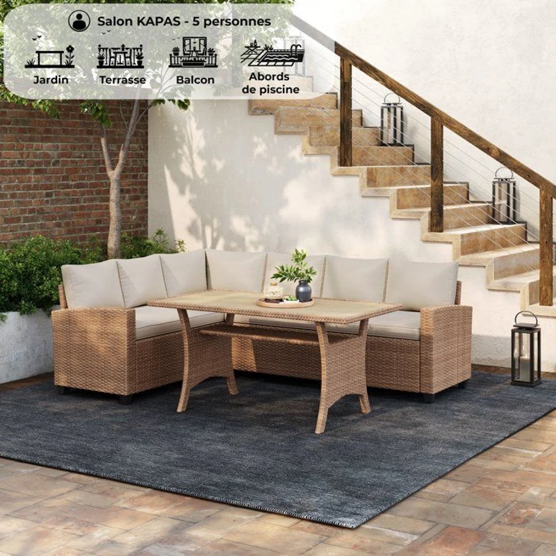 Salon de jardin KAPAS - 5 personnes - Acier et résine tressée - Beige
