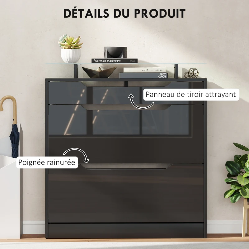 HOMCOM Armoire à Chaussures, 2 Tiroirs Rabattables, 1 Tiroir Coulissant, 1 Comptoir, 89x23x96cm, Noir