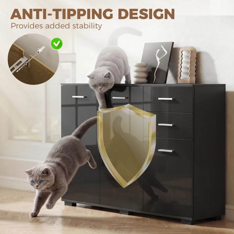 HOMCOM Sideboard, Modern Storage Cabinet with 2 Drawers, 3 Doors and Adjustable Shelves, High Gloss Black