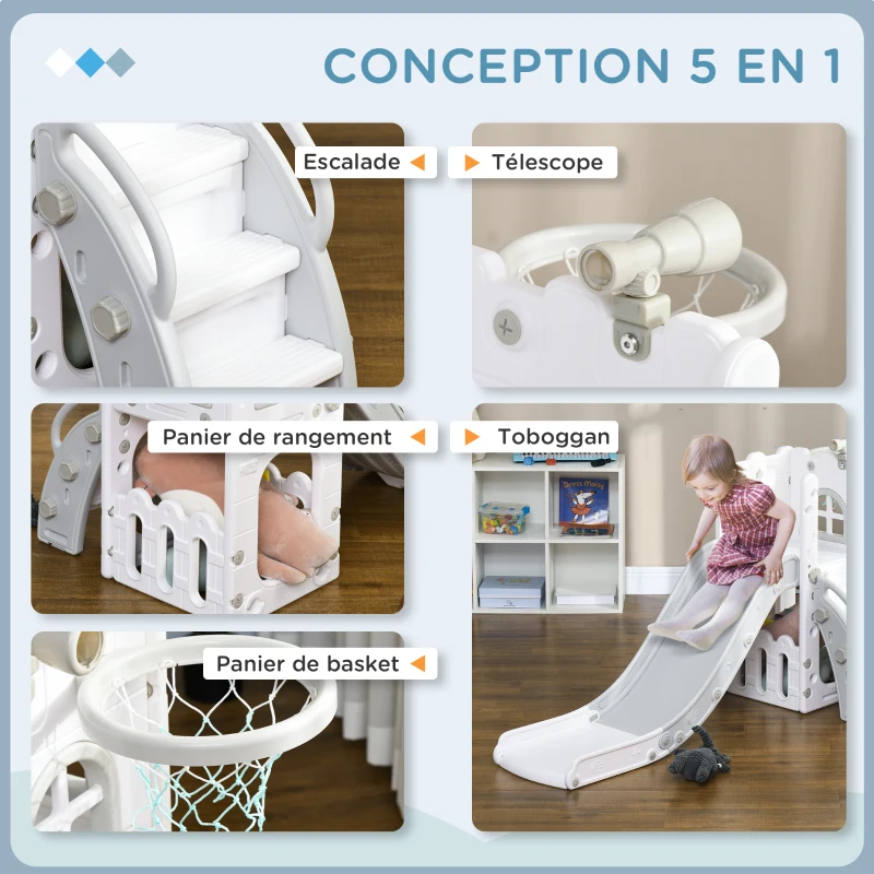 AIYAPLAY Toboggan pour enfants 5 en 1 avec panier de basket escalade télescope espace de rangement 70 x 177 x 92 cm gris