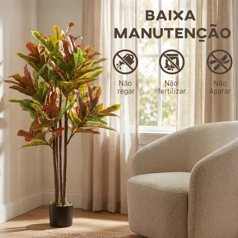 HOMCOM Planta Artificial 120 cm Planta Decorativa com Vaso e Folhas para Decoração Interior Casa Escritório Sala de Estar Multicolor