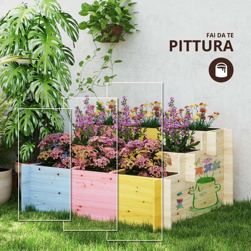 Outsunny Fioriera da Giardino a 3 Livelli, Orto da Giardino con 9 Compartimenti in Legno di Abete e Tessuto non Tessuto, 117x100x54cm, Legno naturale